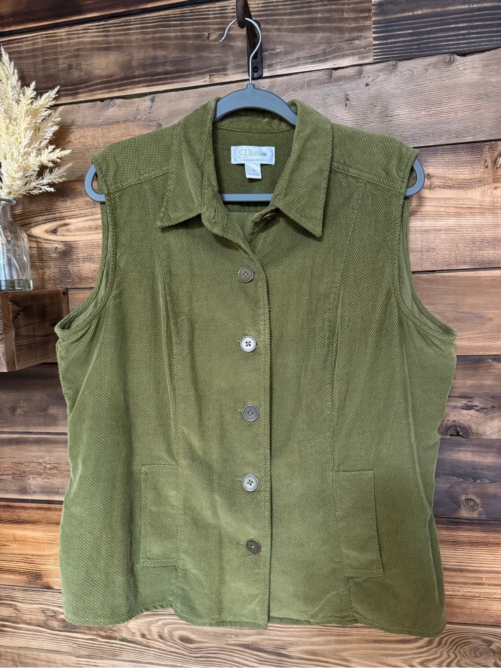 CJ Banks Olive Green Sleeveless Button-Up Tunic